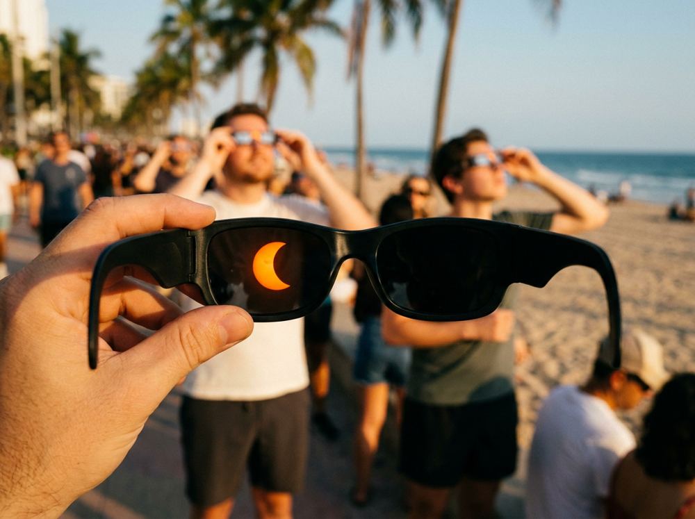 The crescent Sun glowing orange through the lens of black-polymer eclipse glasses held up on a crowded beach