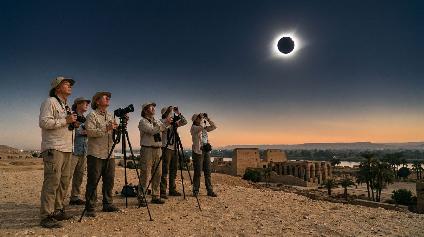 Eclipse chasers with tripods on a desert ridge above Luxor’s temples as the corona flares around the black Moon